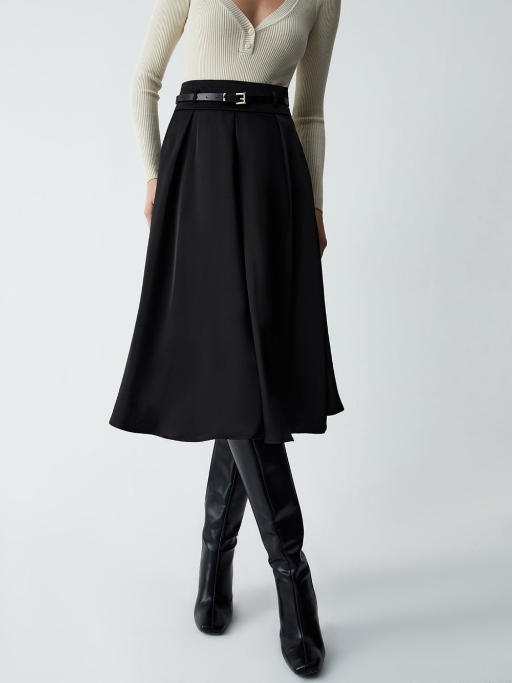 Commense Black Midi Skirt with Belt